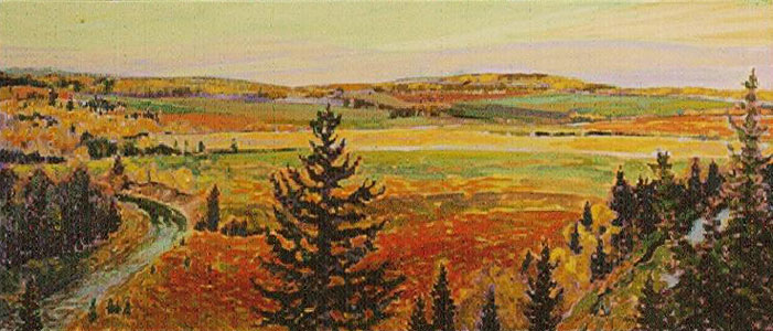 Paiting of a landscape in autumn with a road winding on theleft and prairie land on the right.