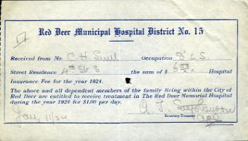 Red Deer Archives, K37; Red Deer Municipal Hospital District insurance receipt, 1924