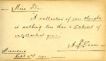 Red Deer Archives, K5691; Autograph by A. F. Crowe, 1890