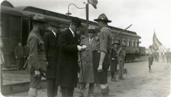 Red Deer Archives, P2224; Scoutmaster Callender receives the medal of merit from Governor-General the Earl of Bessborough, 1932