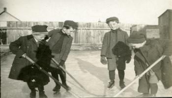 Red Deer Archives, P2799; Boys playing hockey, ca. 1915