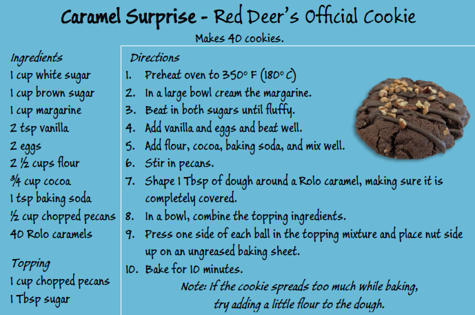 Recipe card with the text on a blue background and a photo of the cookie in the corner.