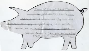 Red Deer Archives, K3889; Letter from Parkallen Elementary School, Edmonton student Heidi Fuchs requesting the city of Red Deer not kill Francis the pig, 1990
