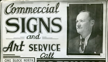 Black and white advertisement for Trimble Signs in Red Deer, Alberta.