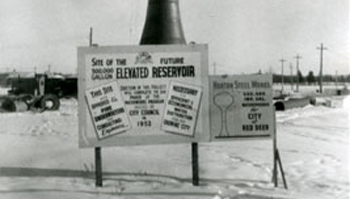 Black and white photo of the Horton Water Spheroid under construction in 1957. 