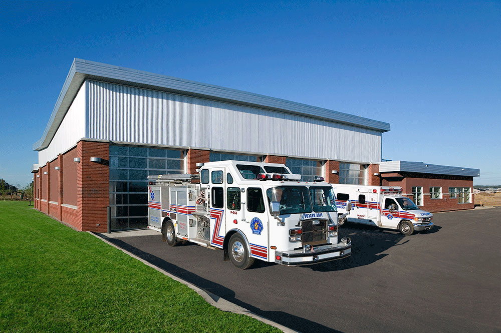 Fire station with firetruck outside
