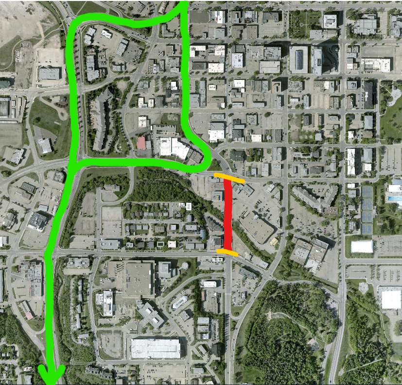 map of construction detour for Gaetz Ave & Waskasoo