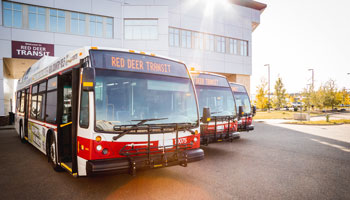 Transit buses line up at Civic Yards