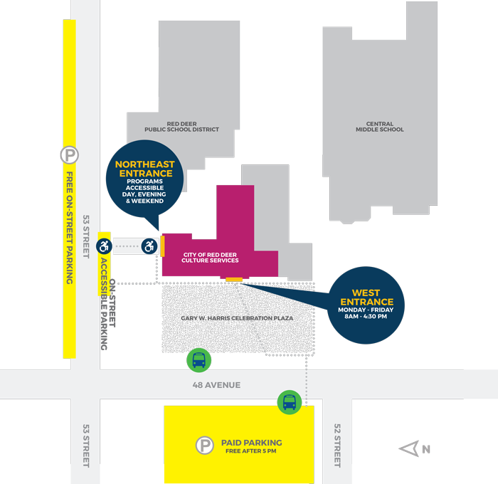 Map showing Culture Services building location including accessible entrance and parking