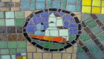 Glass mosaic tiles designed to look like grain elevators.