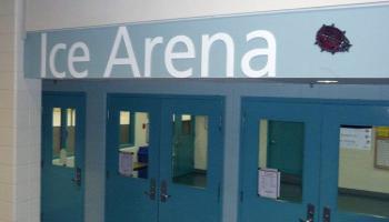 Glass mosiac tiles in the shape of a lady bug beside the Ice Arena sign over the entrance way to the arena.