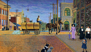 Painted mural based of a portrait of a downtown Red Deer street in 1912. Women are fancily dressed with parasols and a horse and watering car passes down the street.