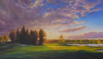 Painting of Riverbend golf course at dusk.