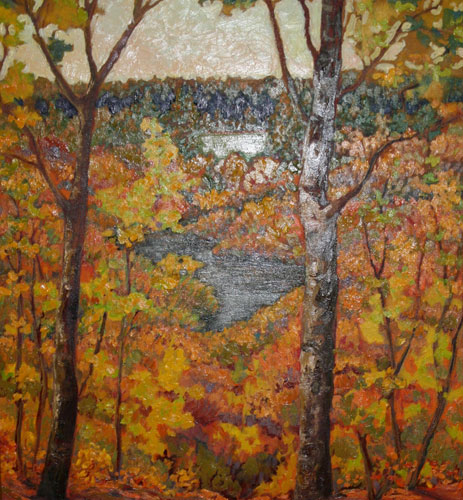 Painting of trees in autumn with orage and yellow leaves.