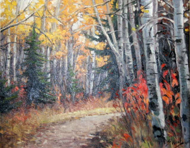 Paiting of a dirt path going through the tress in the fall.