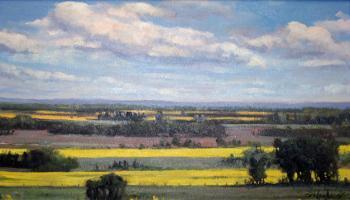 Paiting of prairie farmland landscape in the summer.