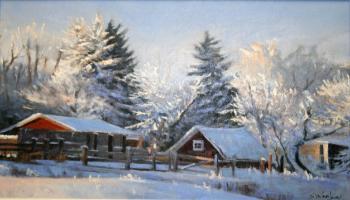 Painting of a farm yead in the winter with the barns and trees covered in snow.