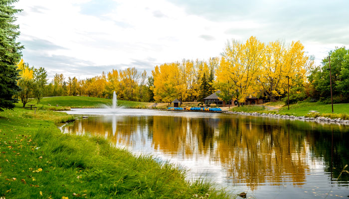 Photo of Bower Ponds lagoon with pavilion in the background