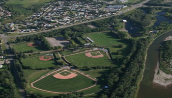 Fly over view of road & fields